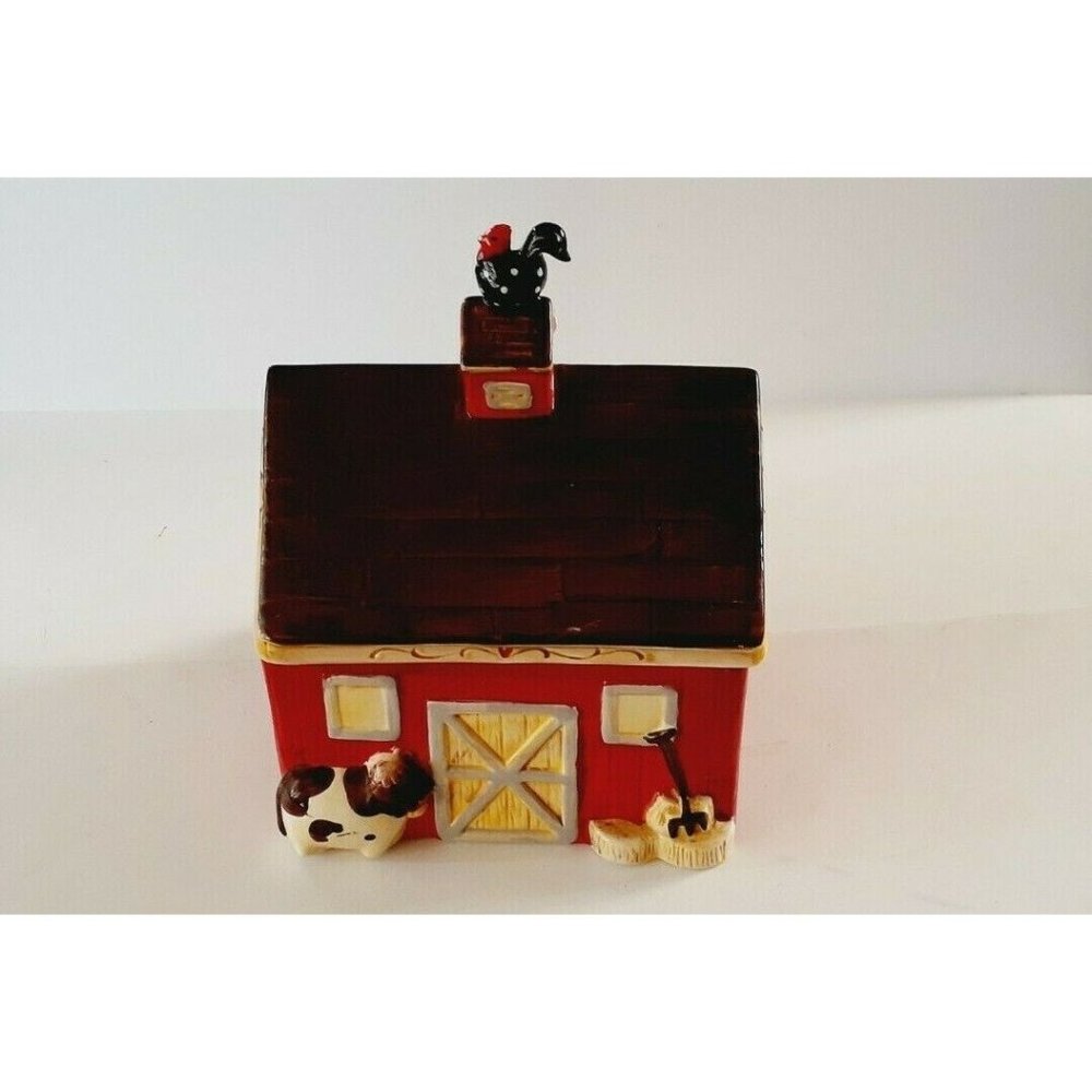 CERAMIC RED BARN FARM ANIMAL COOKIE JAR LARGE